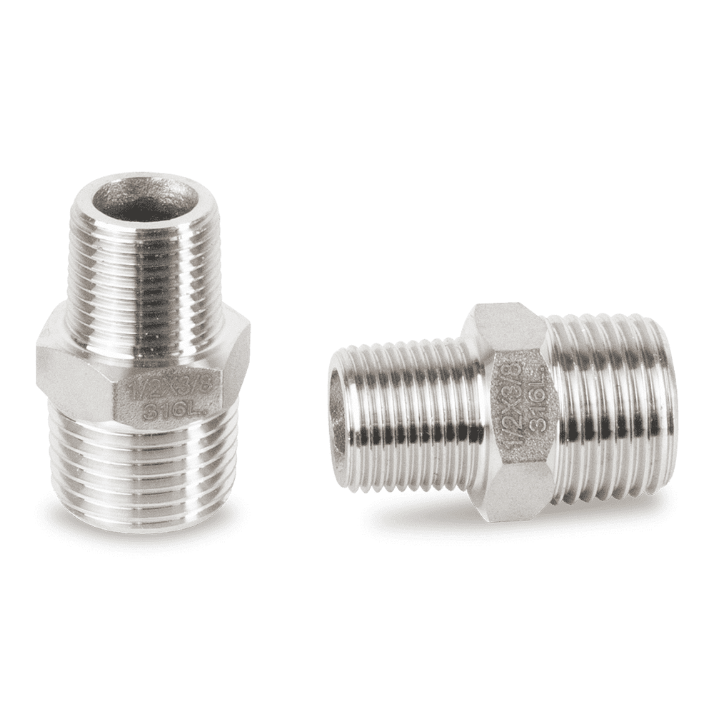 Reduzierdoppelnippel Edelstahl V4A für Nieder- und Hochdruck, 1/2" x 3/8"