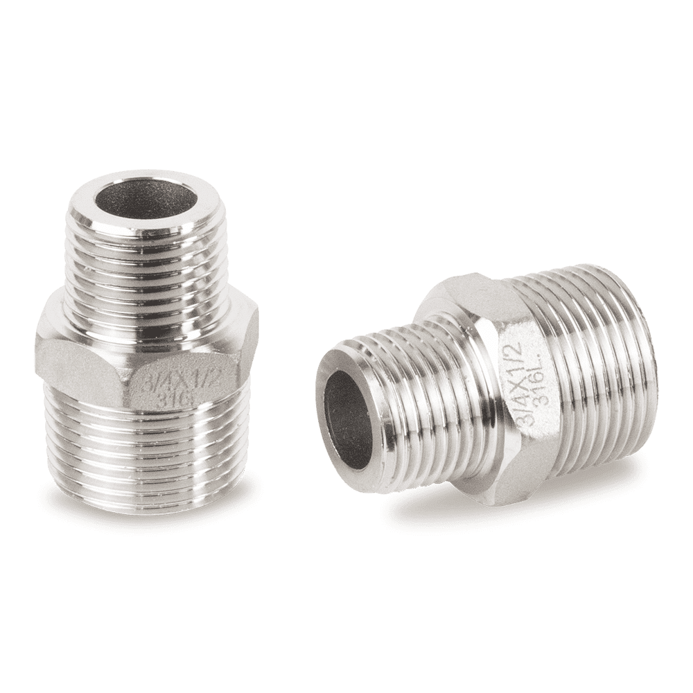 Reduzierdoppelnippel Edelstahl V4A für Nieder- und Hochdruck, 3/4" x 1/2"