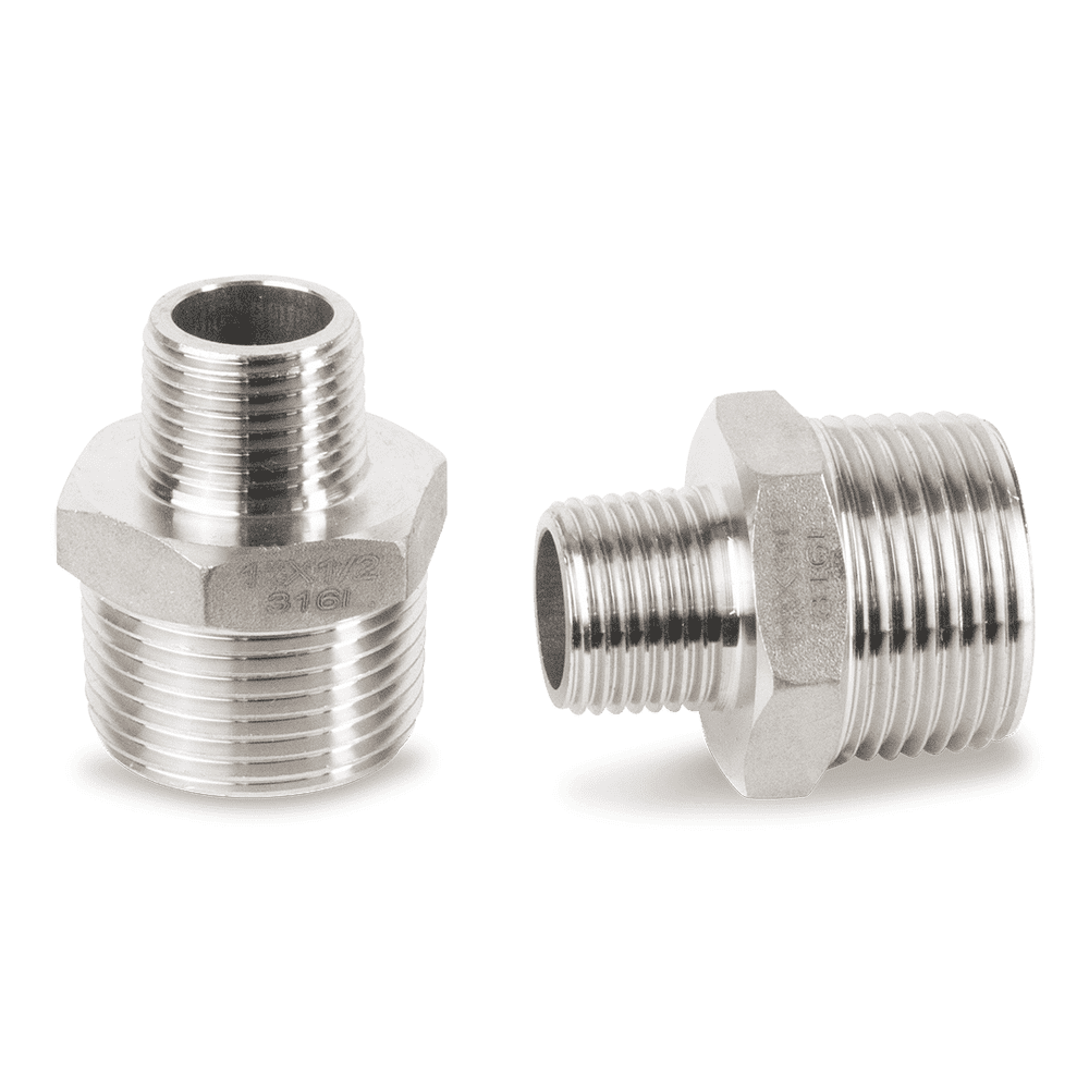 Reduzierdoppelnippel Edelstahl V4A für Nieder- und Hochdruck, 1" x 1/2"