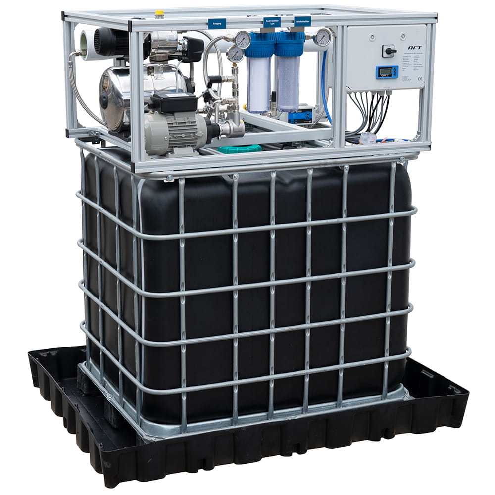 Umkehrosmoseanlage bis zu 500 l/h - UV-geschützter IBC Tank und Auffangwanne