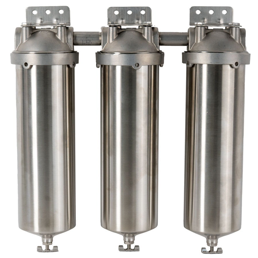 3-stufige Filterstation aus Edelstahl V4A 2,5" x 10" Front